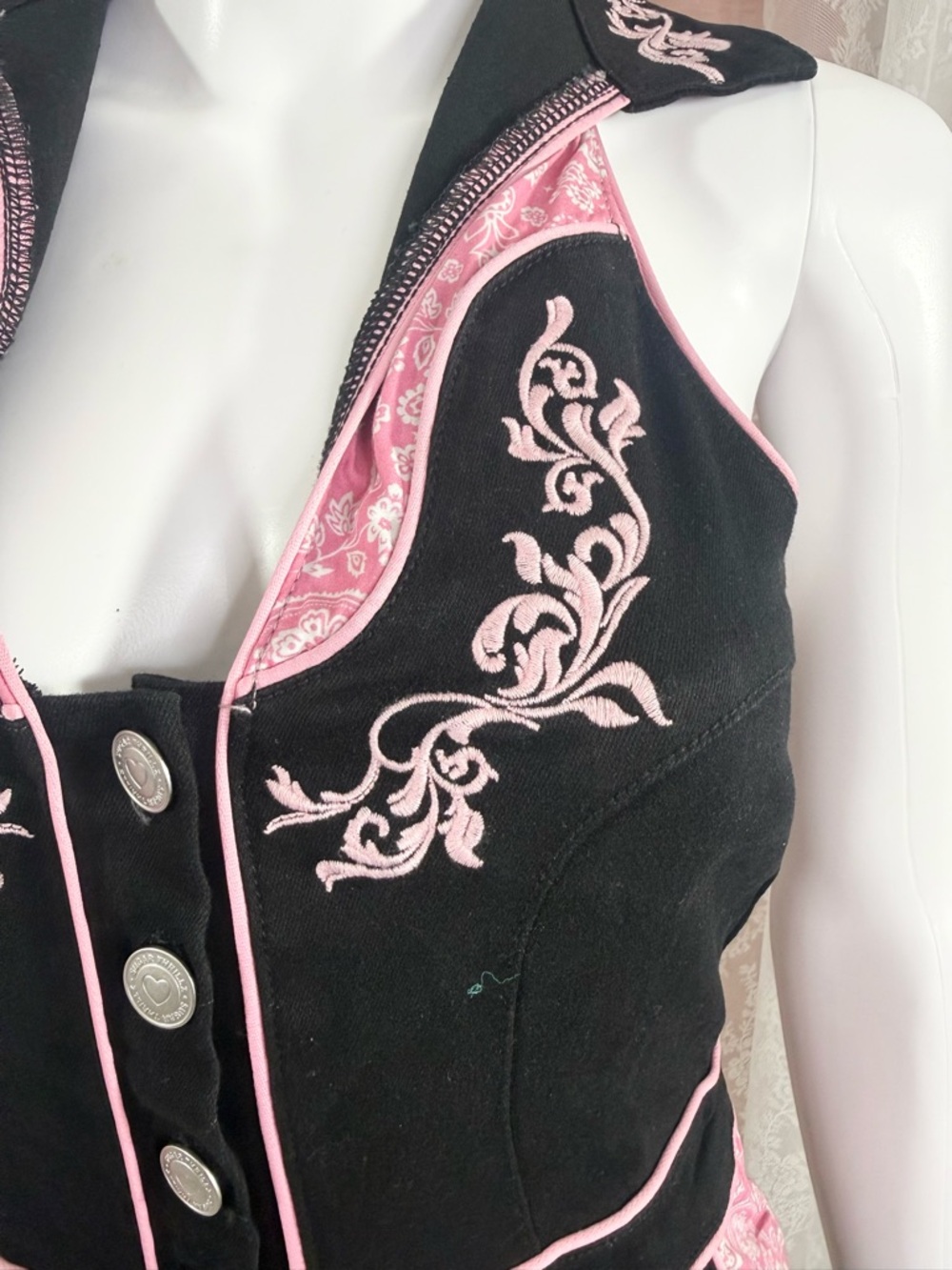 Sugar Thrillz Black & Pink Embroidered Halter Romper Bin#5 - Picture 2 of 4